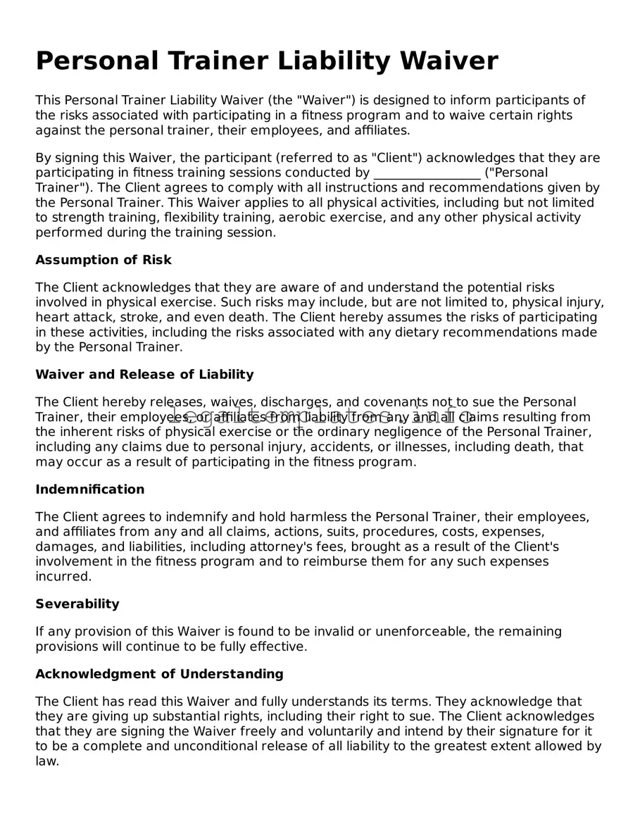 Fillable Personal Trainer Liability Waiver Document
