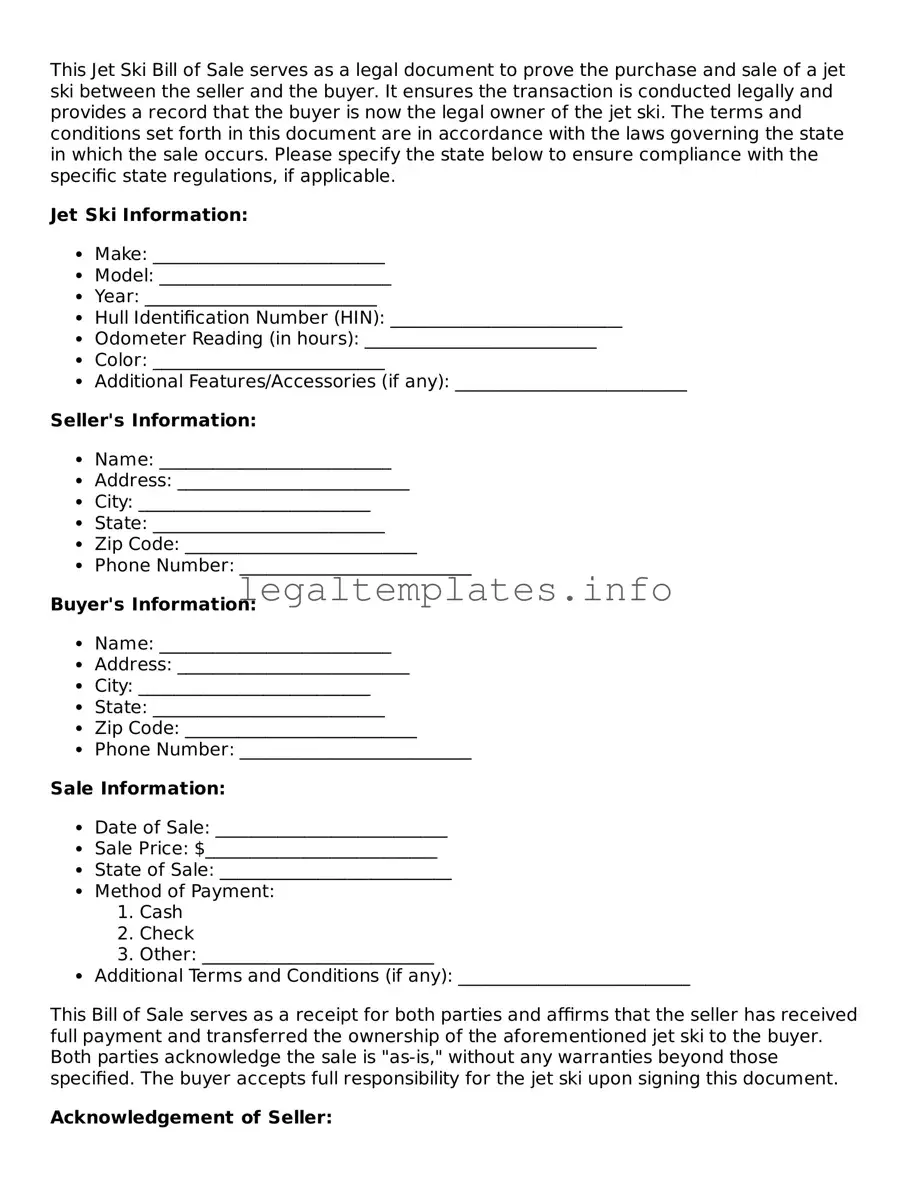 Fillable Jet Ski Bill of Sale Document