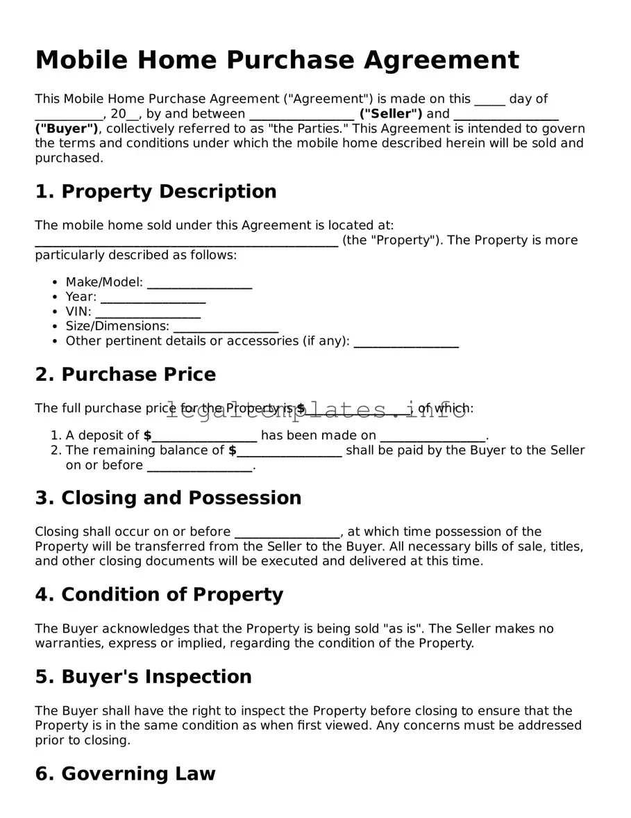 Fillable Mobile Home Purchase Agreement Document