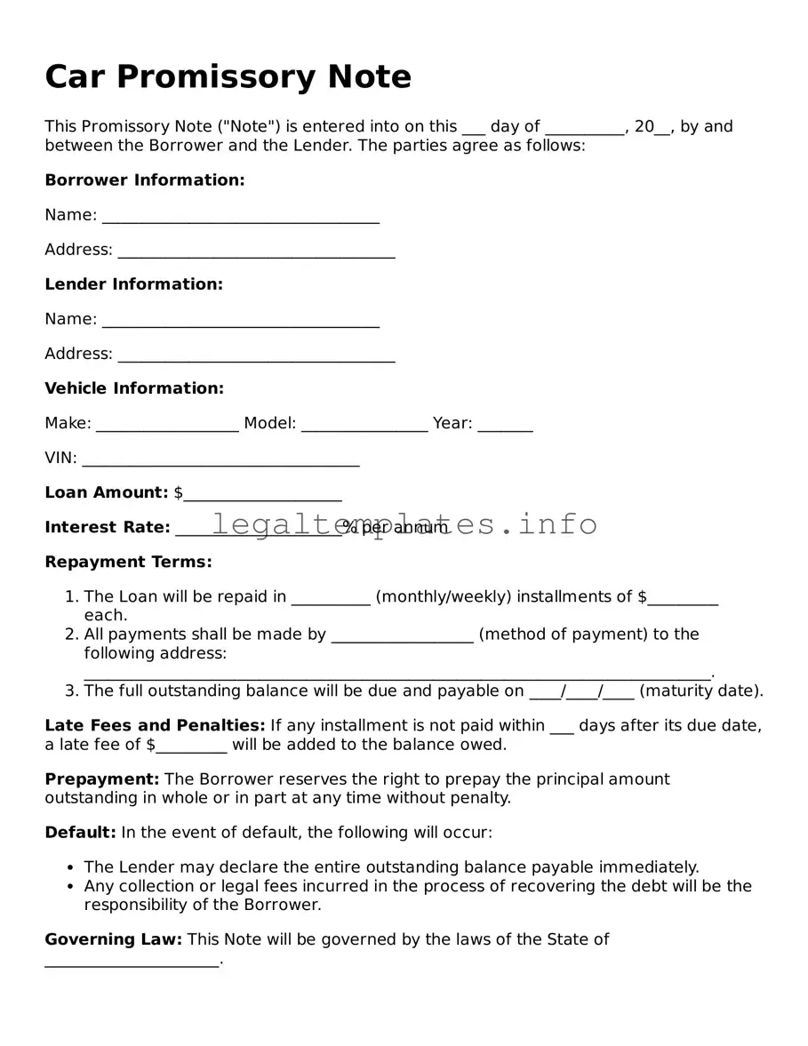 Fillable Promissory Note for a Car Document