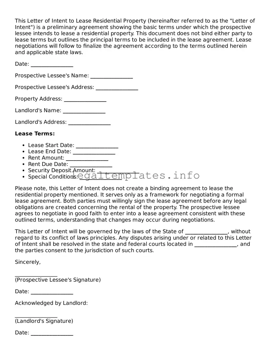 Fillable Letter of Intent to Lease Residential Property Document