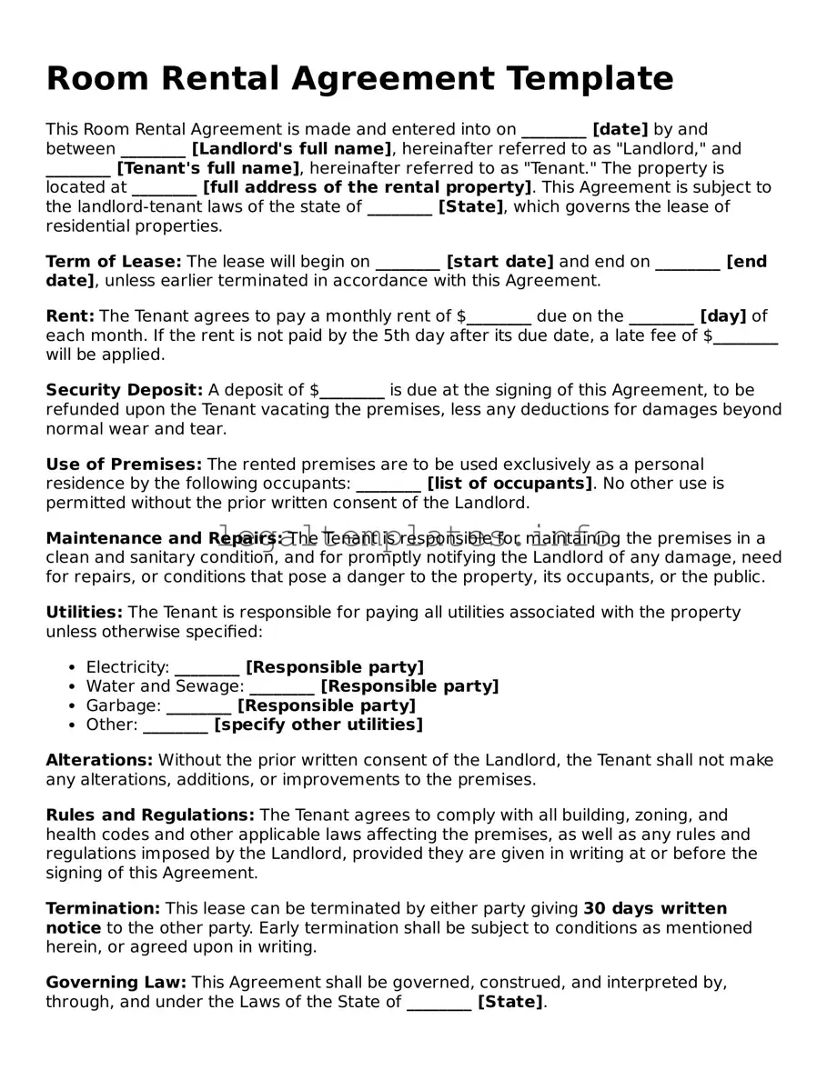 Fillable Room Rental Agreement Document