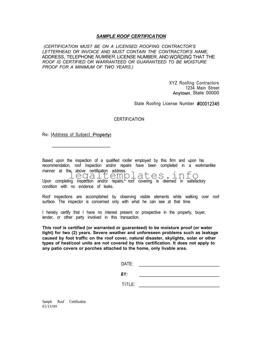 Fill a Valid Sample Roof Certification Form