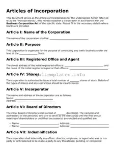 Fillable Articles of Incorporation Document