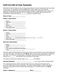 Fillable Golf Cart Bill of Sale Document