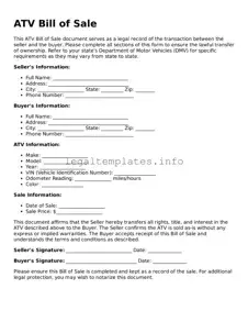 Fillable ATV Bill of Sale Document