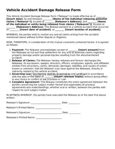 Fillable Vehicle Accident Damage Release Document
