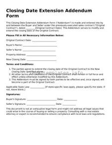 Fillable Closing Date Extension Addendum Form Document