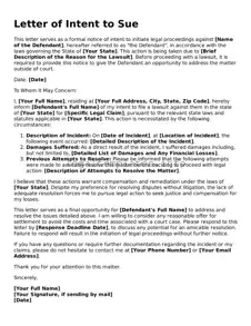 Fillable Letter of Intent to Sue Document
