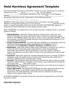 Fillable Hold Harmless Agreement Document