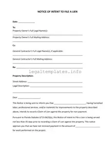 Fill a Valid Intent To Lien Florida Form