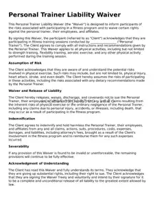 Fillable Personal Trainer Liability Waiver Document