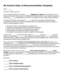 Fillable PA School Letter of Recommendation Document