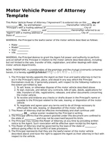 Fillable Motor Vehicle Power of Attorney Document