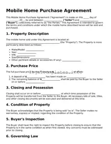 Fillable Mobile Home Purchase Agreement Document
