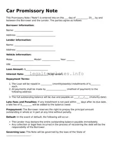 Fillable Promissory Note for a Car Document