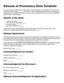 Fillable Release of Promissory Note Document
