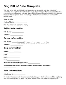 Fillable Dog Bill of Sale Document