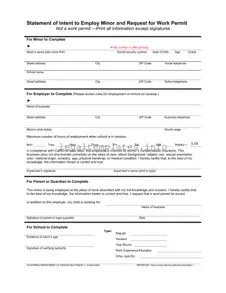 Fill a Valid Statement of Intent to Employ Minor and Request for Work Permit Form