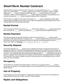 Fillable Short-Term Rental Contract Document