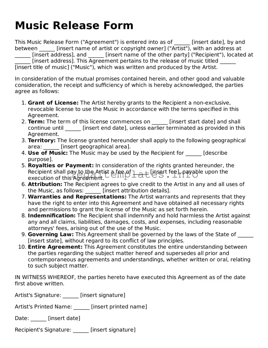 Fillable Music Release Document