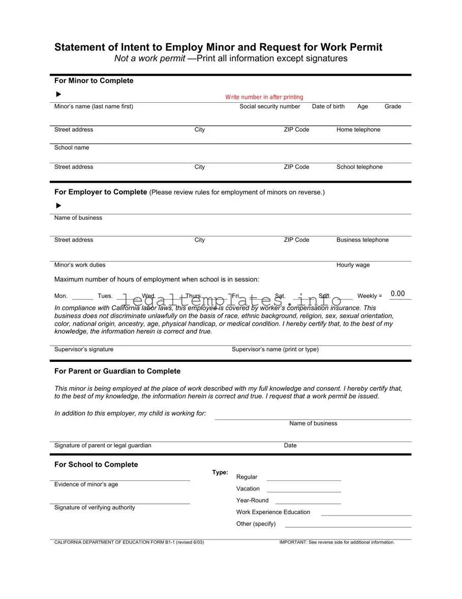 Fill a Valid Statement of Intent to Employ Minor and Request for Work Permit Form