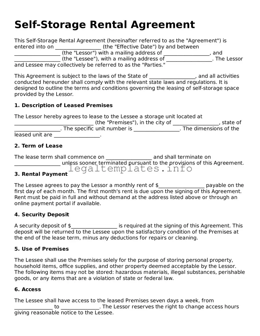Fillable Self-Storage Rental Agreement Document