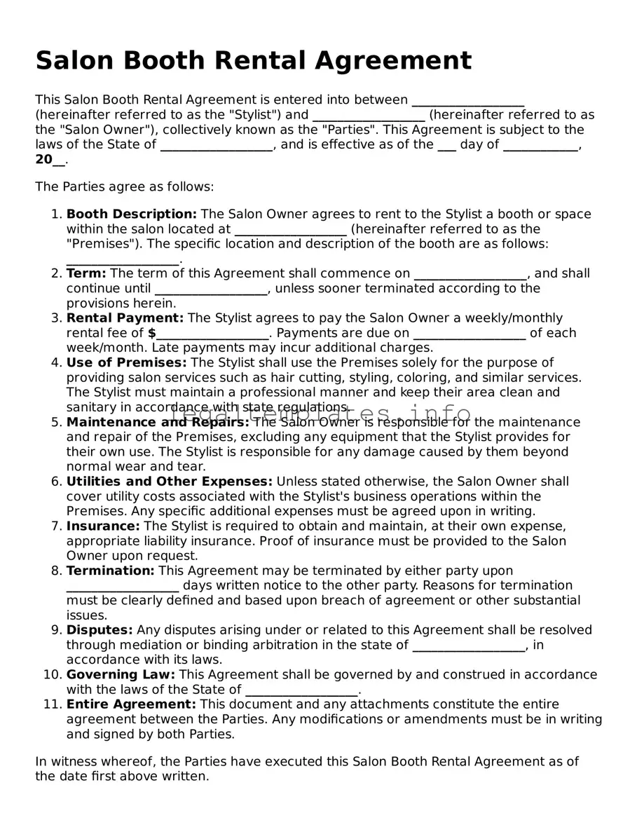 Fillable Salon Booth Rental Agreement Document