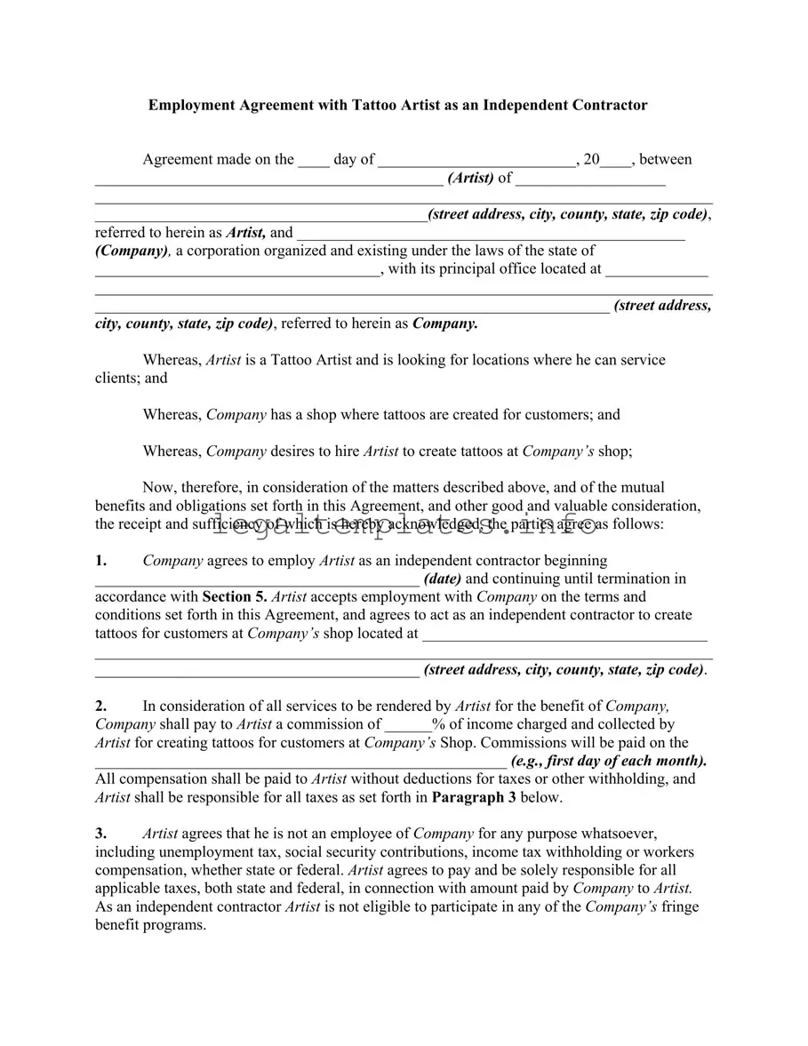 Fill a Valid Tattoo Shop Artist Agreement Form
