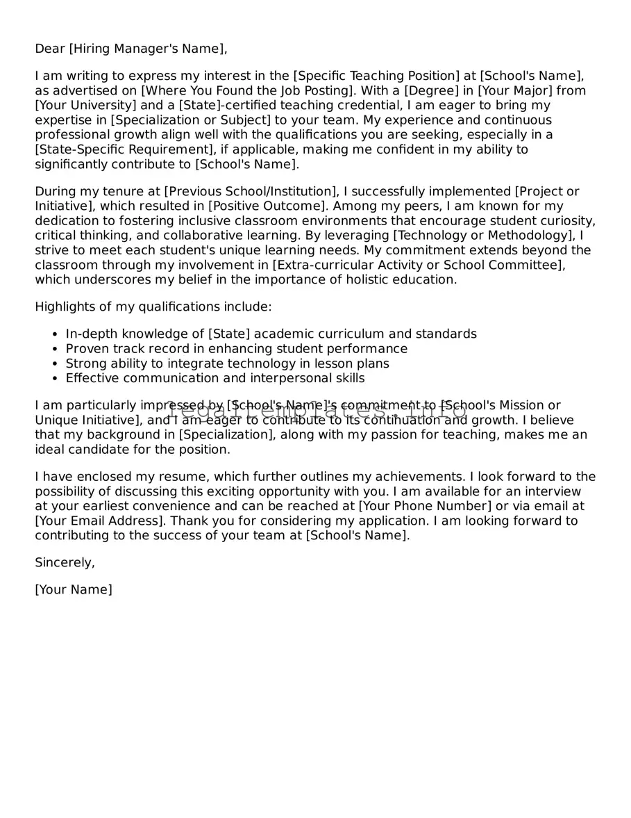 Fillable Letter of Intent for a Teaching Job Document