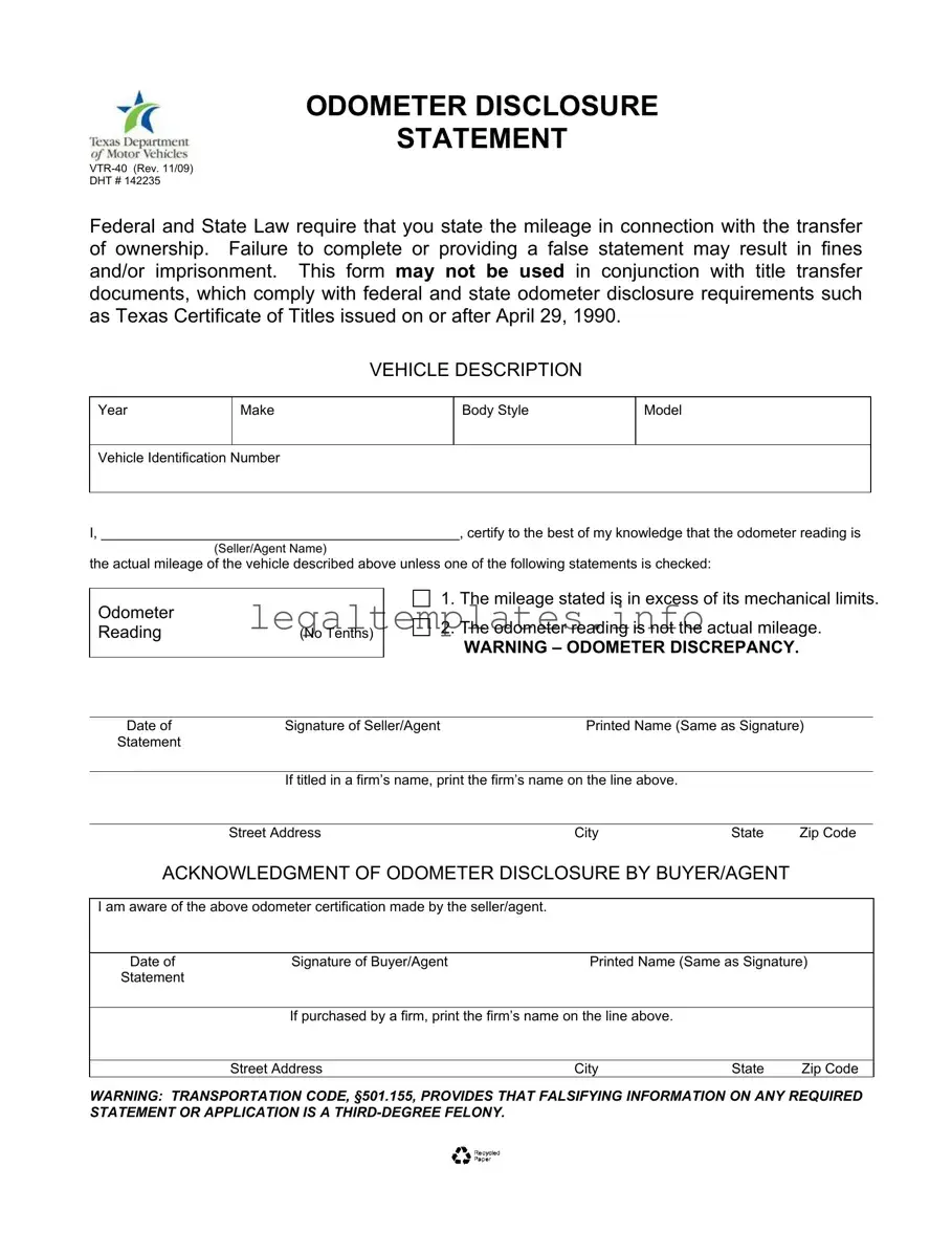 Fill a Valid Texas Odometer Statement Form
