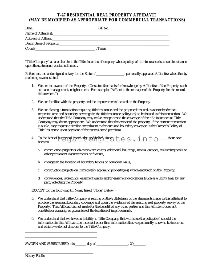 Fill a Valid Texas residential property affidavit T-47 Form