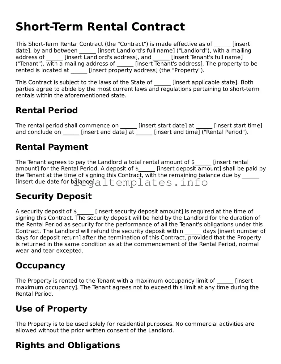 Fillable Short-Term Rental Contract Document