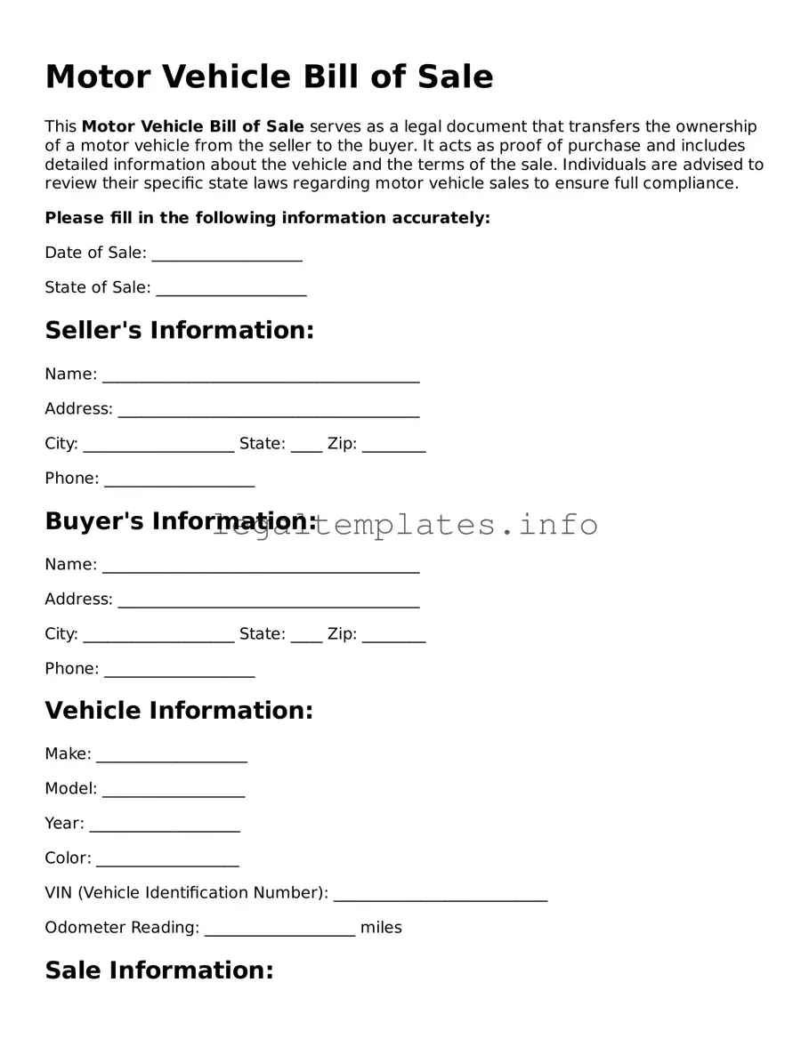 Fillable Motor Vehicle Bill of Sale Document