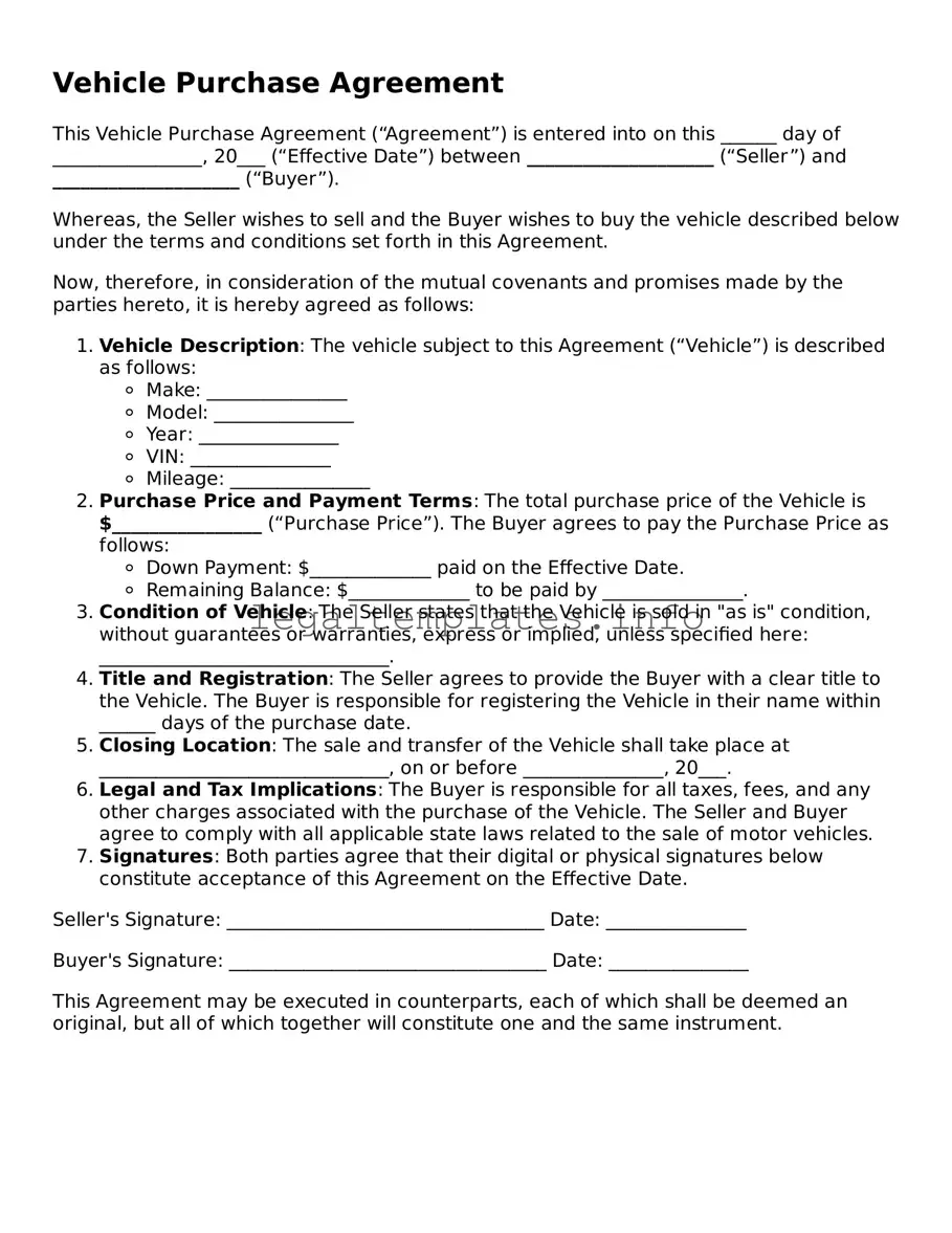 Fillable Vehicle Purchase Agreement Document