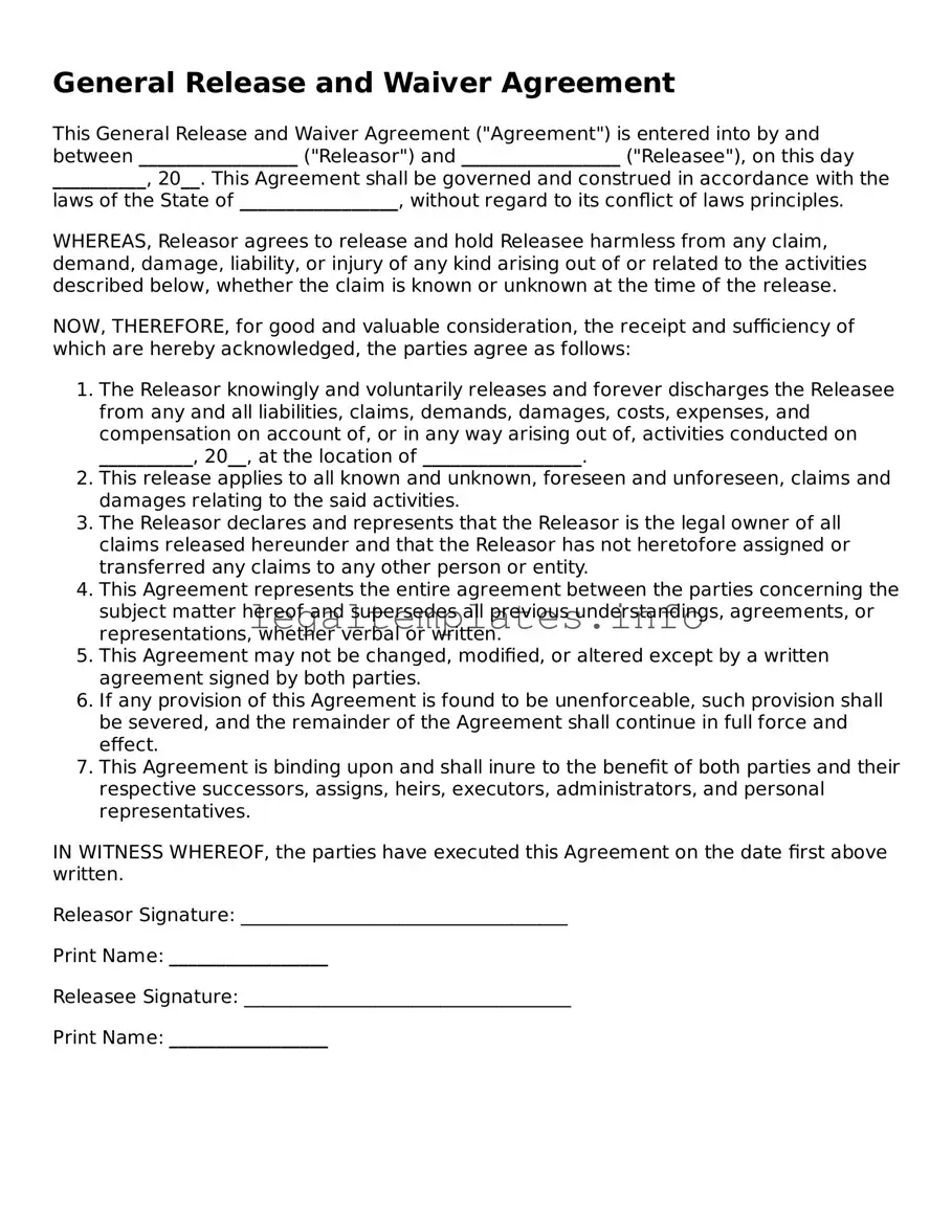 Fillable General Release and Waiver Document