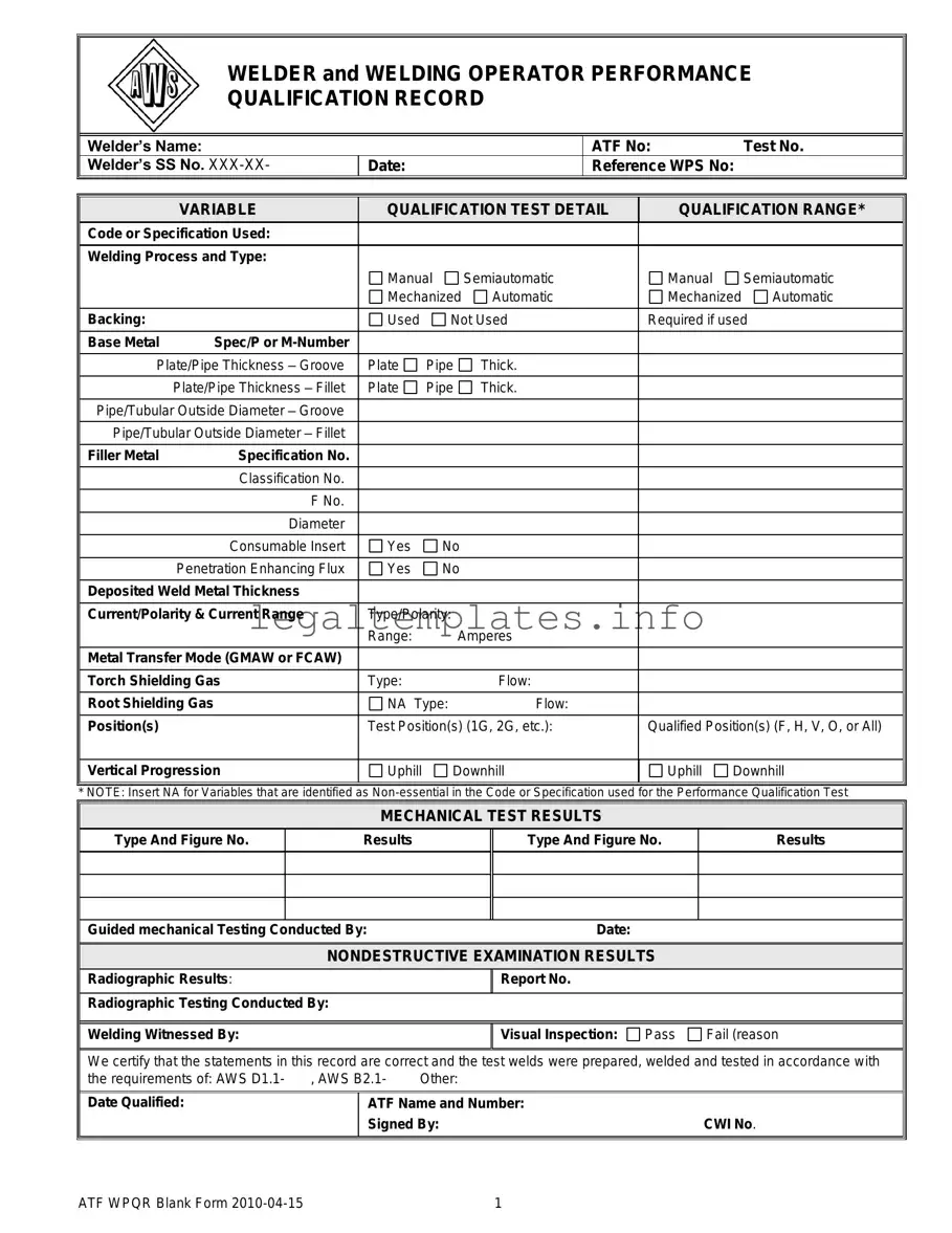 Fill a Valid Welder Performance Qualification Record Form