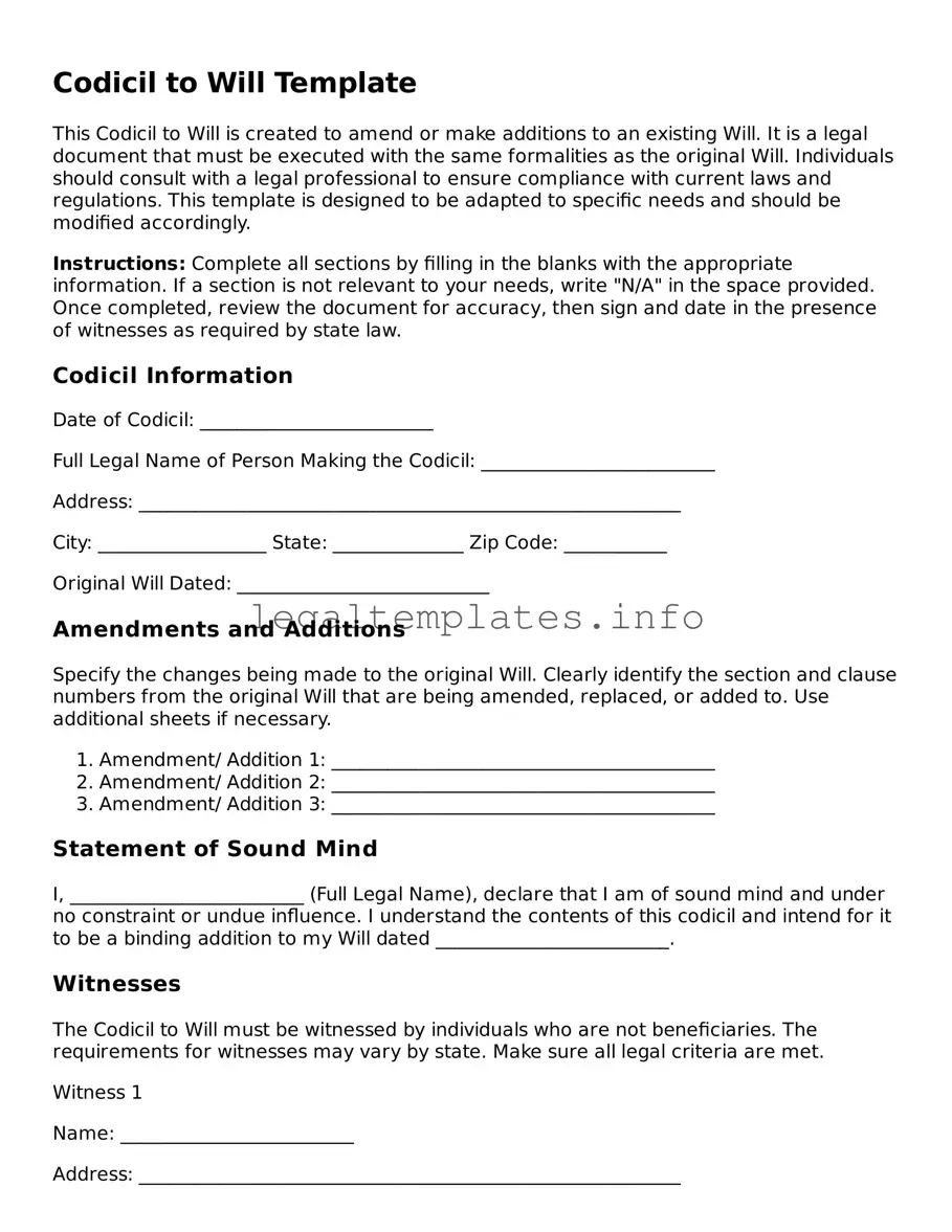 Fillable Codicil to Will Document